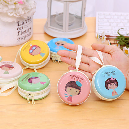 Cute Round Earphone Case & Mini Coin Purse with Cartoon Prints