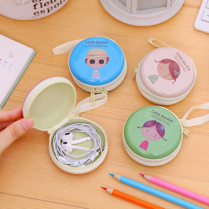 Cute Round Earphone Case & Mini Coin Purse with Cartoon Prints