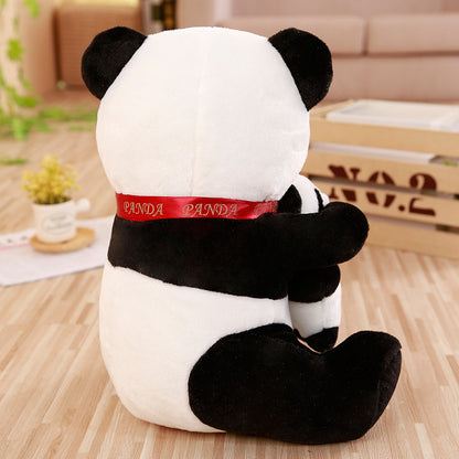 Giant Stuffed Panda Plush Toy Set with Baby Panda & Red Bows