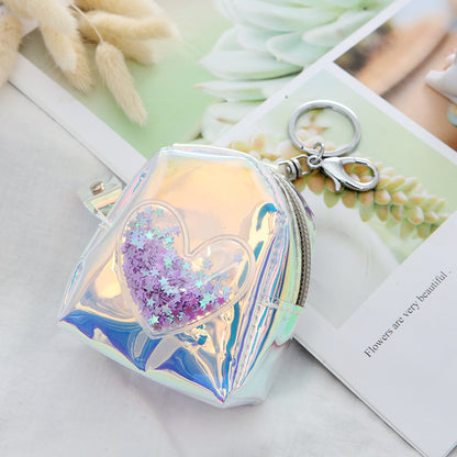 Cute Holographic Heart Coin Purse Keychain with Colorful Glitter & Zipper Design