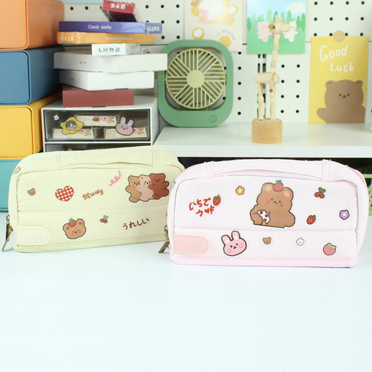 Large Capacity Soft Canvas Pencil Case with Cute Bear & Strawberry Designs