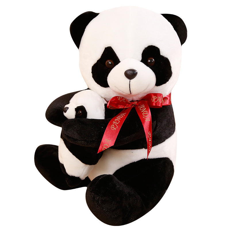 Giant Stuffed Panda Plush Toy Set with Baby Panda & Red Bows