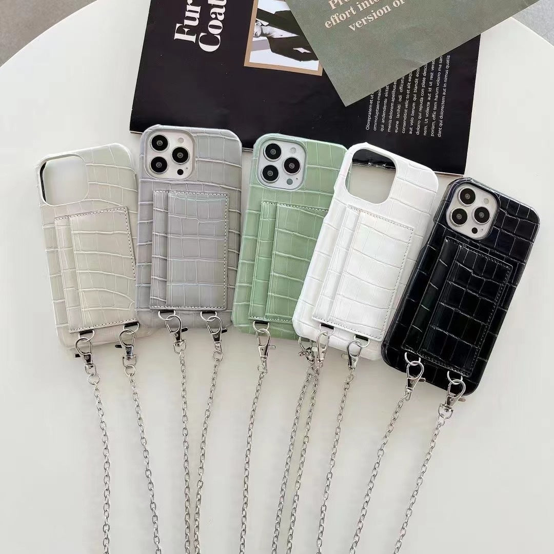 Leather Wallet Phone Case with Chain Strap & Card Holder Design