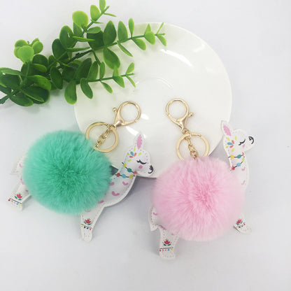 Cute Alpaca Keychain with Fur Ball & Colorful Floral Design
