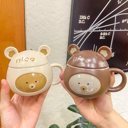 Cute Bear Ceramic Mug with Lid - Brown and Yellow Variants