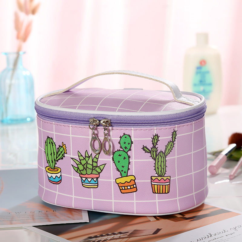 Colorful Plaid Oval Top Makeup Bags with Cactus Embroidery Design