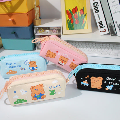 Large Capacity Bright Canvas Bear Pencil Case in 4 Fun Colors