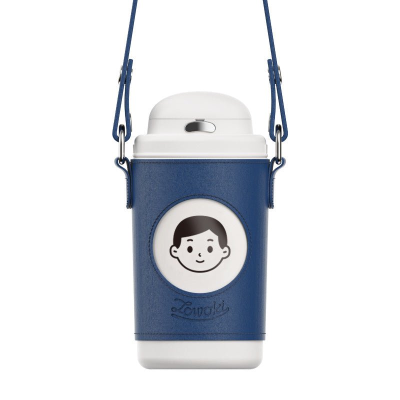 Chic Flip Top Insulated Thermos Water Bottle with Cartoon Design & Leather Strap