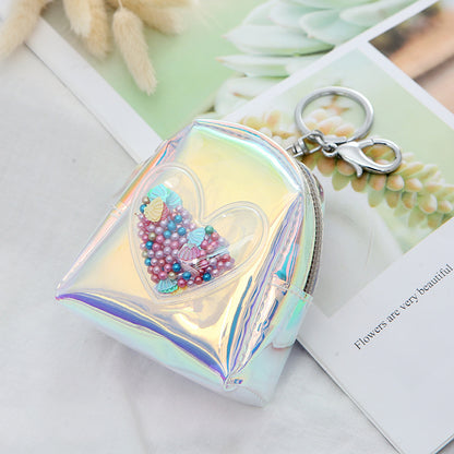 Cute Holographic Heart Coin Purse Keychain with Colorful Glitter & Zipper Design