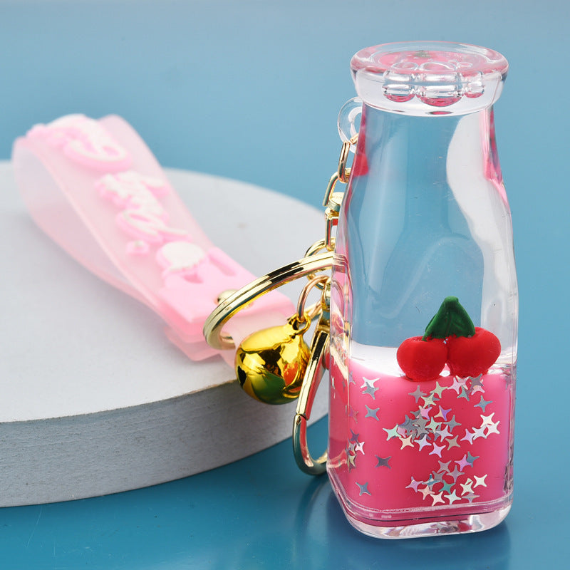 Cute Bottle Keychains with Fruit Charms, Colorful Liquid & Bells