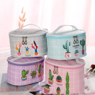 Colorful Plaid Oval Top Makeup Bags with Cactus Embroidery Design