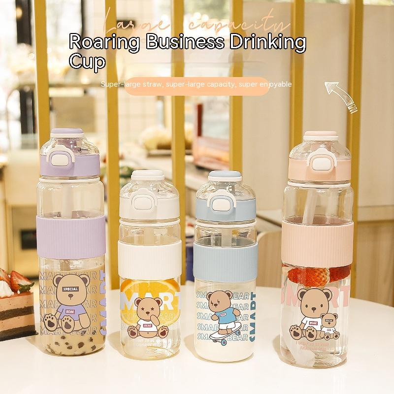 Cute & Transparent Bear Large Water Bottle with Straw & Flip Top – 1100ML