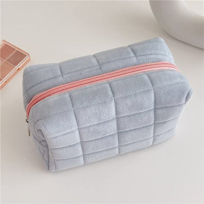 Plush Checkered Travel Makeup Bag in Pink, Blue, and White Color