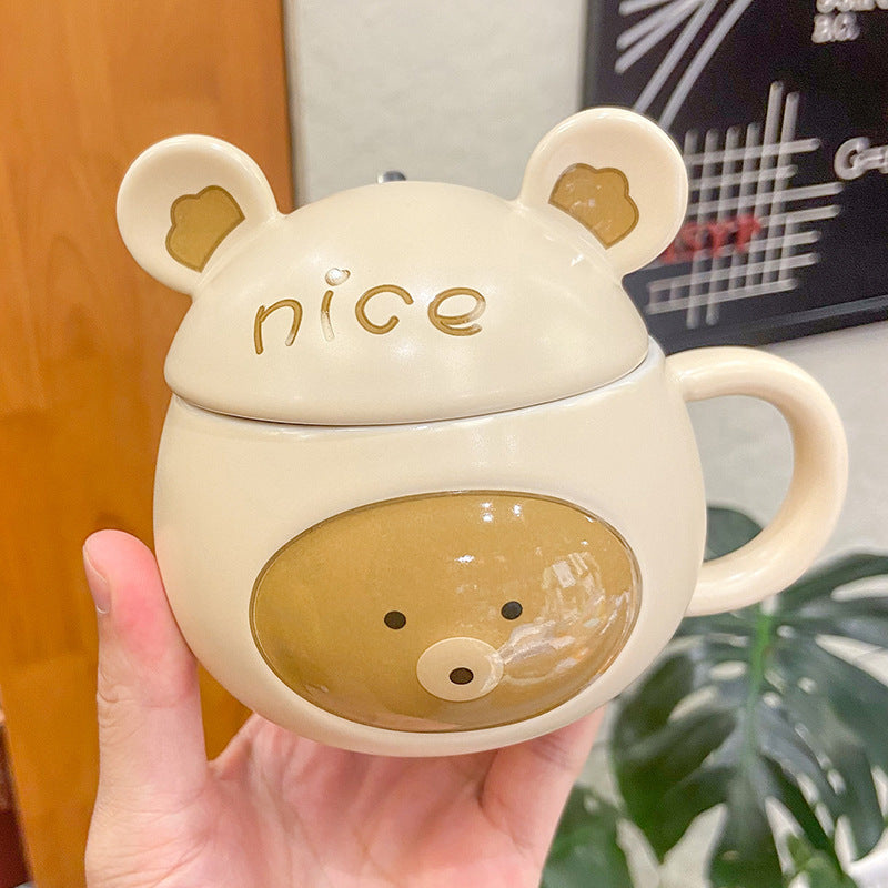 Cute Bear Ceramic Mug with Lid - Brown and Yellow Variants