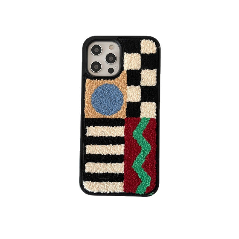 Plush Geometric Checkerboard Phone Case in Colorful Textured Design