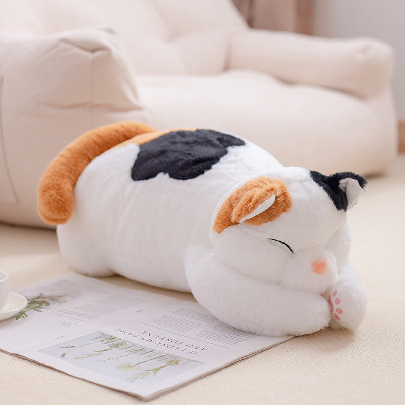 Large Sleeping Cat Plush Toy in Calico and Orange Stuffed Cats Pillow Design