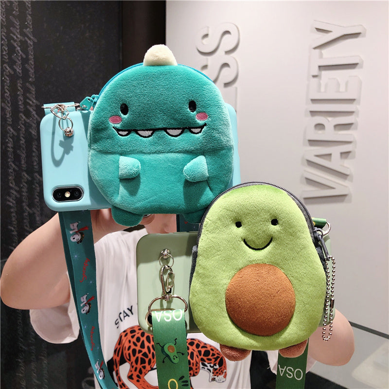 Plush Avocado & Dinosaur Phone Case in Cute 3D Design with Crossbody Strap