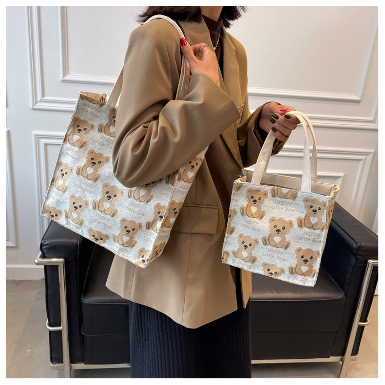 Cute Mini Canvas Tote Bag for Women with Small Teddy Bear Design