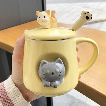 Cat-Themed Ceramic Coffee Mugs with Lid, Spoon and Straw