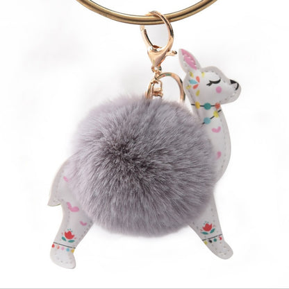 Cute Alpaca Keychain with Fur Ball & Colorful Floral Design
