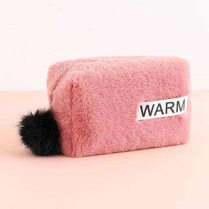 Cute Pink & Black Plush Zipper Makeup Bags with Pom-Pom Accent