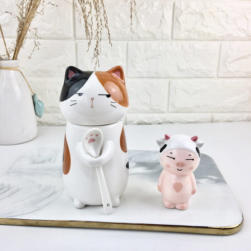 Japanese Animal Ceramic Mugs with Lid and Cute Mini Ornament