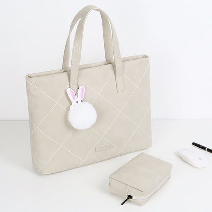 Elegant Laptop Case for Women with Handle, Charger Pouch & Bunny Fur Ball Charm