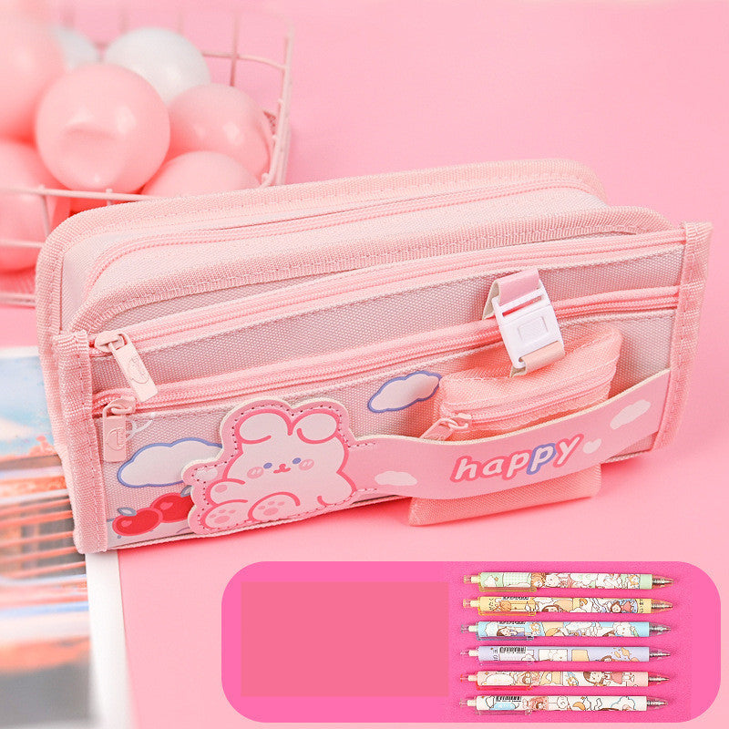 Large Capacity Cute Canvas Zipper Pencil Case for Girls