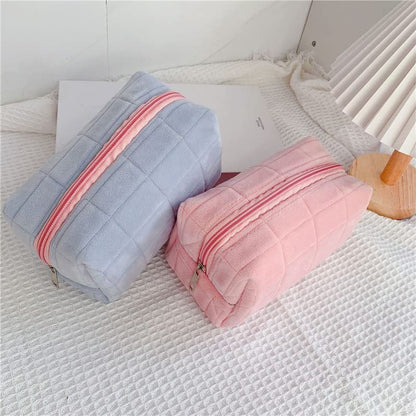 Plush Checkered Travel Makeup Bag in Pink, Blue, and White Color