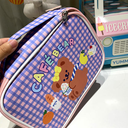 Checkered Multi-Pocket Makeup Bag with Cute Bear Print