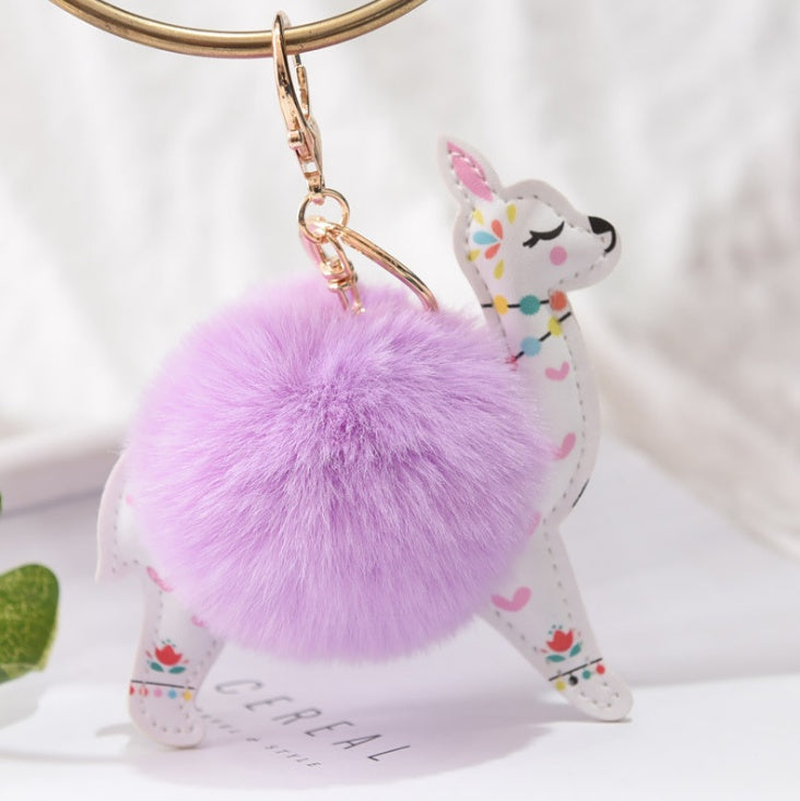 Cute Alpaca Keychain with Fur Ball & Colorful Floral Design