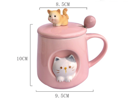 Cat-Themed Ceramic Coffee Mugs with Lid, Spoon and Straw