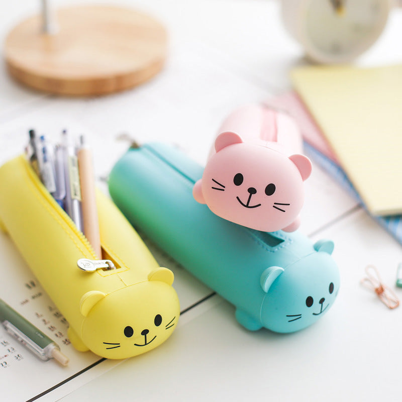 Small Cat-Shaped Silicone Pencil Case with Zipper in Bright Colors