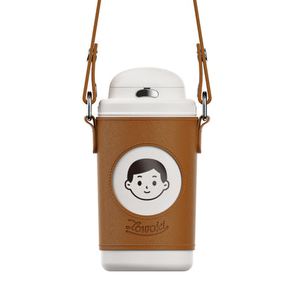 Chic Flip Top Insulated Thermos Water Bottle with Cartoon Design & Leather Strap