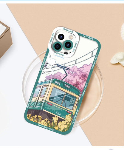 Japanese Aesthetic Transparent Shockproof Phone Case – City & Mount Fuji Design