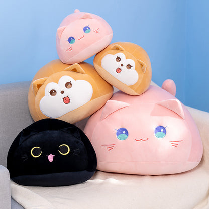 Round Pink & Black Cat & Shiba Inu Plush Pillow with Bright Eyes & Soft Fur