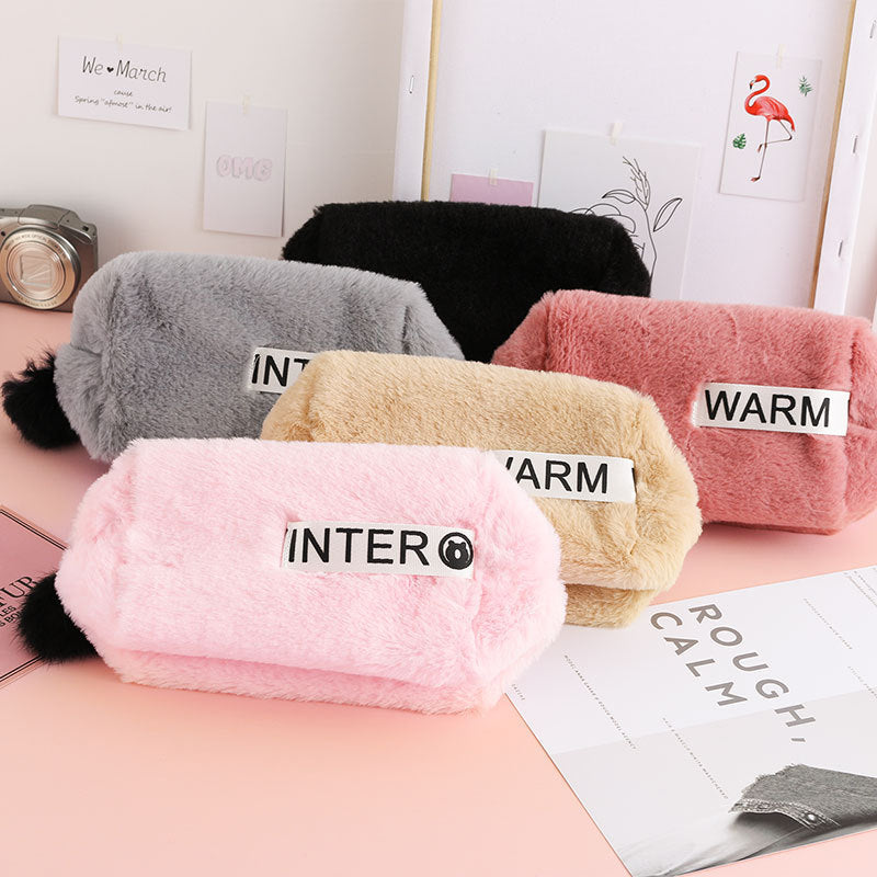 Cute Pink & Black Plush Zipper Makeup Bags with Pom-Pom Accent