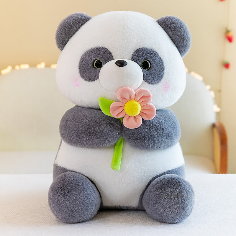 Giant Panda Plush Toys Holding Flowers in Pink & Gray Variants