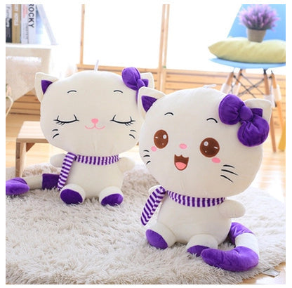 Cute Large Cat Plush Toy Set with Pink-Purple Scarf & Bow