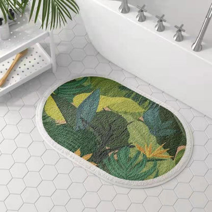 Elegant Oval Floral Bathroom Mat - Absorbent, Non-Slip & Washable