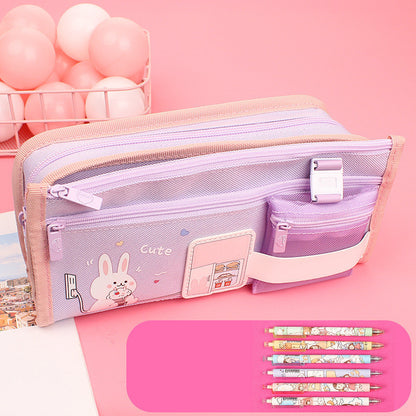 Large Capacity Cute Canvas Zipper Pencil Case for Girls