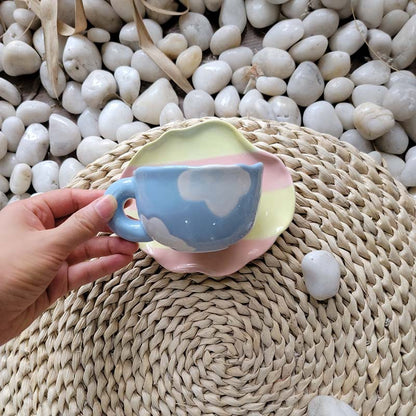 Hand-Painted Blue Sky and Cloud Porcelain Coffee Cup & Saucer Set