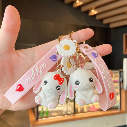 Cute Couple Bunny Keychains with Pink Straps & Daisy Charms