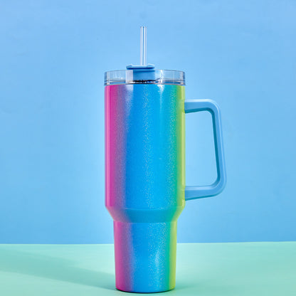 Colorful Gradient Stainless Steel Thermos Tumbler with Handle & Straw