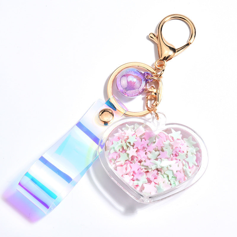 Cute Heart Keychain with Pastel Star Fill & Iridescent Strap
