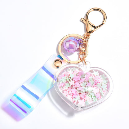 Cute Heart Keychain with Pastel Star Fill & Iridescent Strap