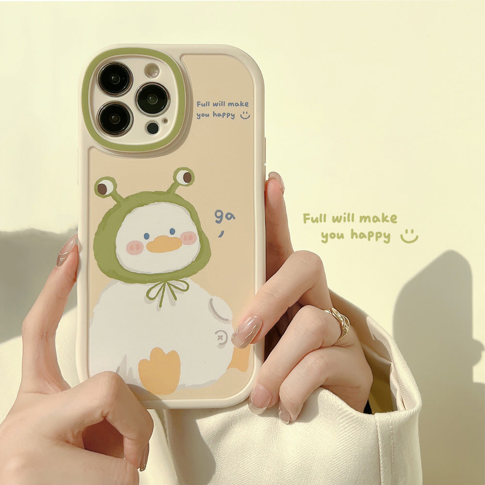 Cute White Duck Phone Case with Frog Hat Illustration & Soft Design