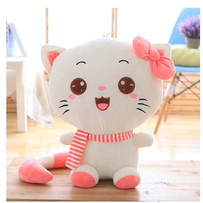 Cute Large Cat Plush Toy Set with Pink-Purple Scarf & Bow