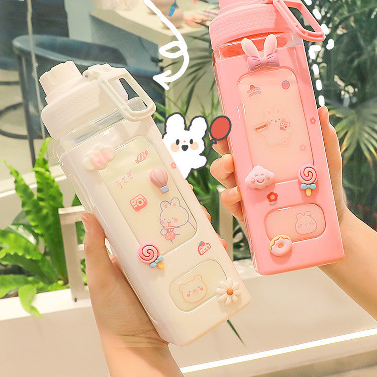 Large Korean Silicone Water Bottle with Cute 3D Stickers Design