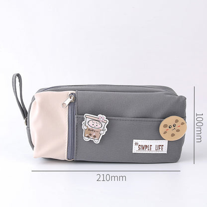 Large Capacity Canvas Zipper Pencil Case with Cute Character Patches